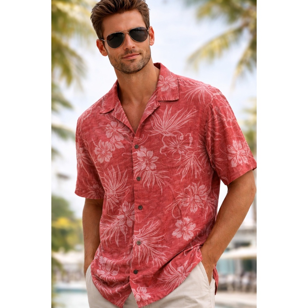 Caribbean Red Silk Rayon Hawaiian Shirt Tropical Pineapple L‎